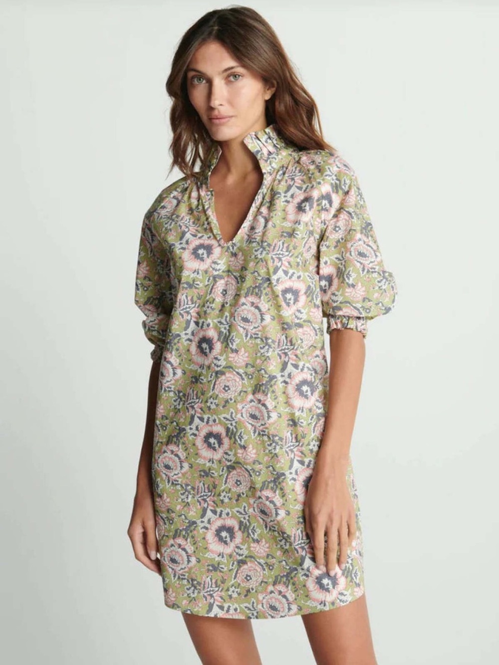 Sundays Spence Sage Floral Ruffle-Trim Shift Dress